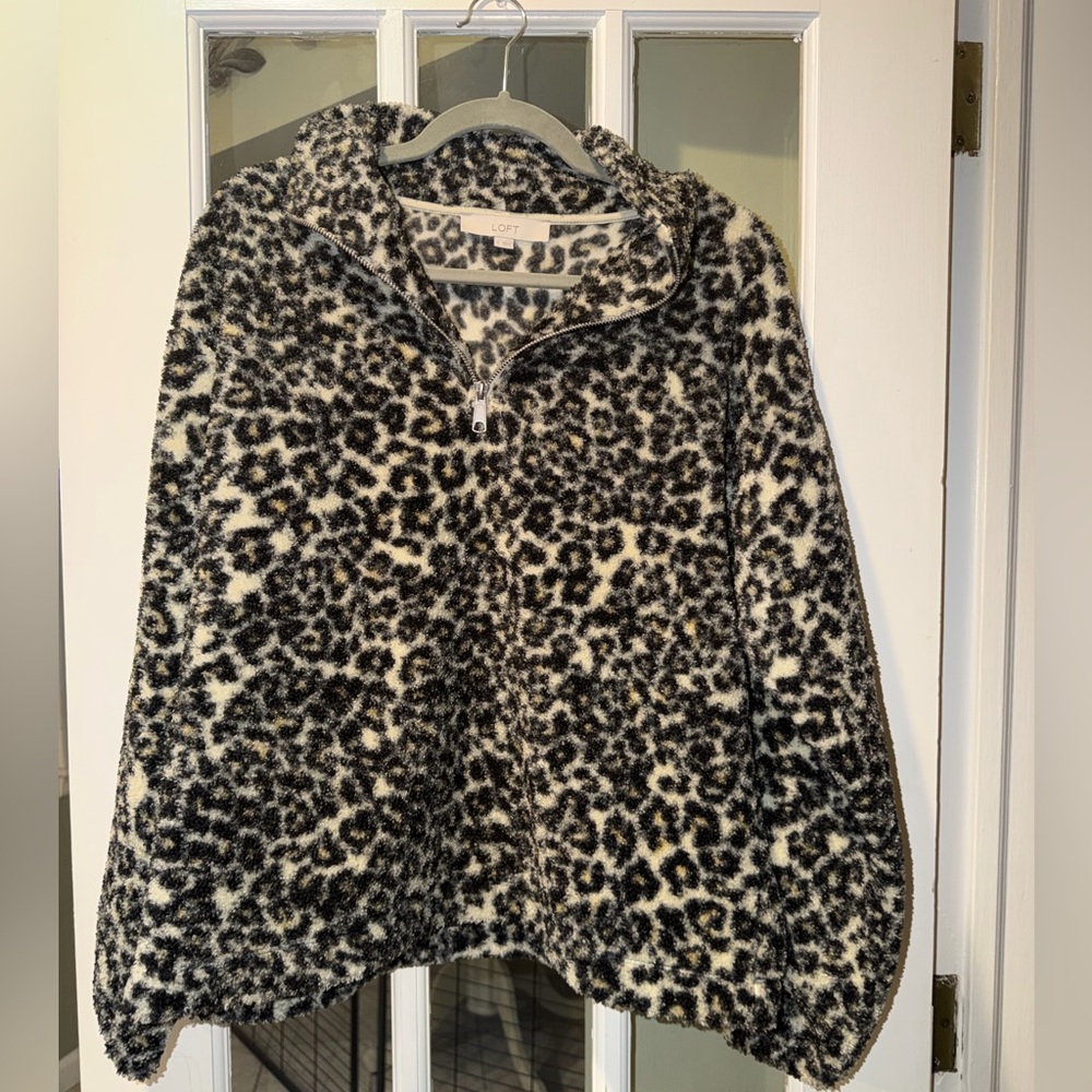 LOFT medium 1/4 zip fuzzy sweater leopard animal print